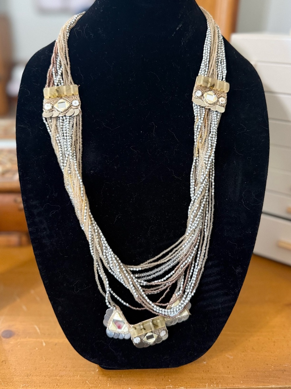 Anthropologie Multi-Strand Metallic Beaded Statement Necklace - Gold & Silver